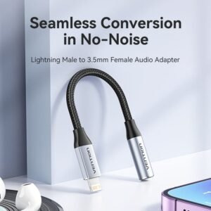Vention Cotton-Braided Lightning to 3.5mm Audio Jack Adapter – Aluminum Alloy Connector-Gray