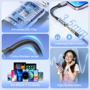 Vention Cotton-Braided Lightning to 3.5mm Audio Jack Adapter – Aluminum Alloy Connector-Gray