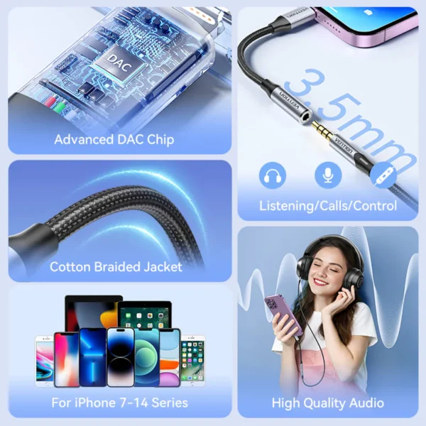 Vention Cotton-Braided Lightning to 3.5mm Audio Jack Adapter – Aluminum Alloy Connector-Gray - Image 3
