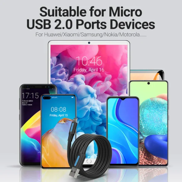 Vention 3M USB 2.0 A to Micro-B Male Cable, 3A Fast Charging – Black - Image 3