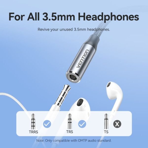 Vention Cotton-Braided Lightning to 3.5mm Audio Jack Adapter – Aluminum Alloy Connector-Gray - Image 7