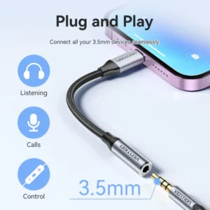 Vention Cotton-Braided Lightning to 3.5mm Audio Jack Adapter – Aluminum Alloy Connector-Gray