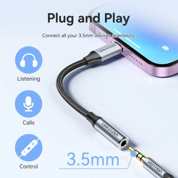 Vention Cotton-Braided Lightning to 3.5mm Audio Jack Adapter – Aluminum Alloy Connector-Gray - Image 8