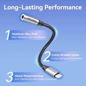 Vention Cotton-Braided Lightning to 3.5mm Audio Jack Adapter – Aluminum Alloy Connector-Gray