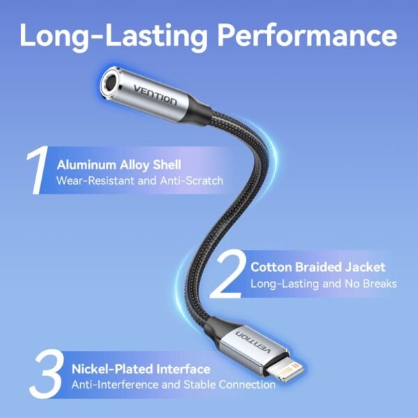 Vention Cotton-Braided Lightning to 3.5mm Audio Jack Adapter – Aluminum Alloy Connector-Gray - Image 10