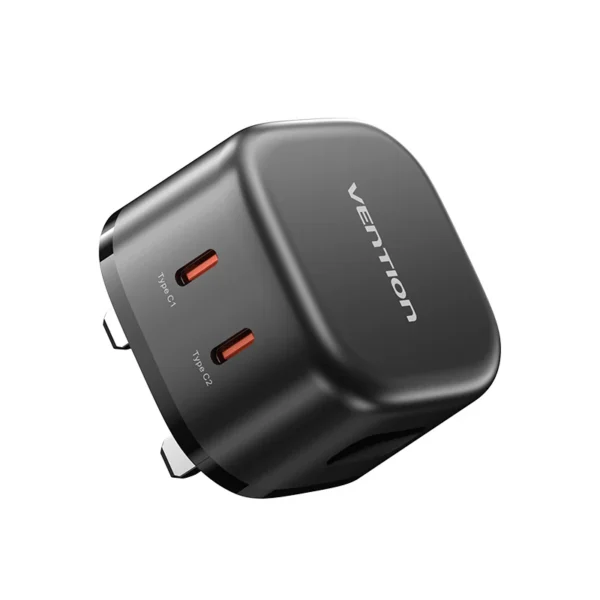 Vention (45W/45W) GaN Charger with Dual USB-C Ports – UK Plug, Black