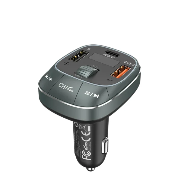 Vention 3-Port Car Charger with FM Transmitter – USB-C & Dual USB-A (30W/18W/5W), Black