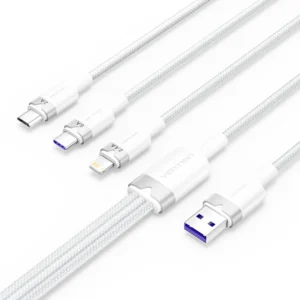 Vention 1.5M USB-A to 3-in-1 Charging Cable (USB-C, Lightning, Micro USB) – 6A Fast Charge, White Alloy Build