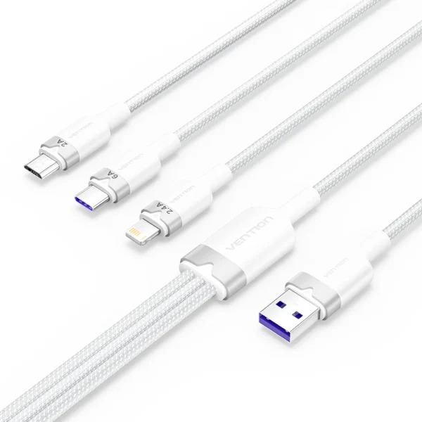 Vention 1.5M USB-A to 3-in-1 Charging Cable (USB-C, Lightning, Micro USB) – 6A Fast Charge, White Alloy Build - Image 2