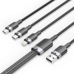 Vention 1.5M USB-A to 3-in-1 Charging Cable (USB-C, Lightning, Micro USB) – 3A Fast Charge, Black Alloy Build