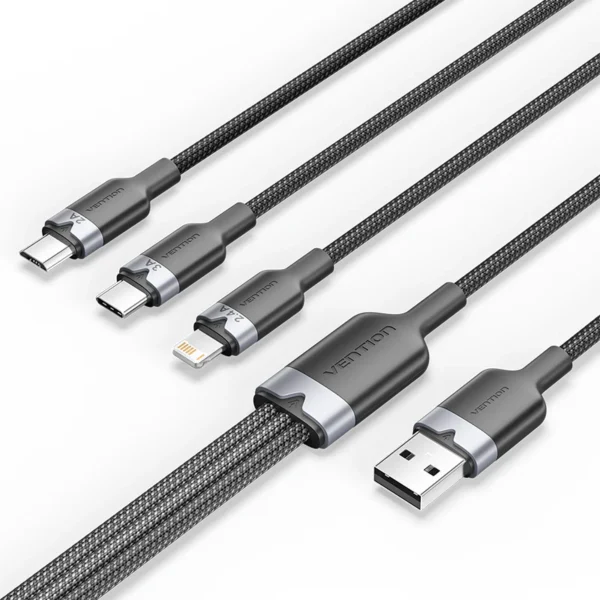 Vention 1.5M USB-A to 3-in-1 Charging Cable (USB-C, Lightning, Micro USB) – 3A Fast Charge, Black Alloy Build