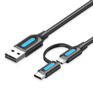 Vention 1.5M Dual-Head Charging Cable – USB-A to USB-C & Micro USB, 3A Fast Charging, Sleek Black