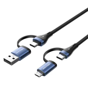 Vention 1.5M 4-in-1 Cotton Braided USB 2.0 Cable – Type-A & USB-C to USB-C + Micro-B, 5A Fast Charging, Blue Aluminum Alloy