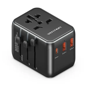 Vention Universal Travel Adapter – 3-Port USB (1x USB-C + 2x USB-A) with 20W/18W/18W Output, Black
