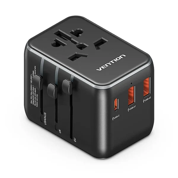 Vention Universal Travel Adapter – 3-Port USB (1x USB-C + 2x USB-A) with 20W/18W/18W Output, Black