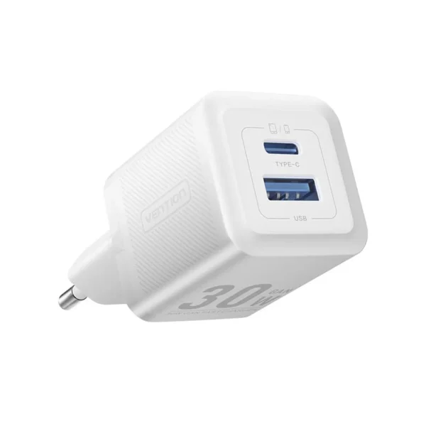 Vention 30W GaN Fast Charger–2-Port USB-C + USB-A, EU Plug, White