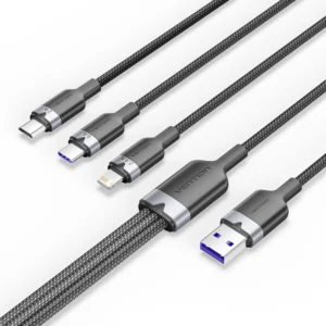 Vention 1.5M USB-A to 3-in-1 Charging Cable (USB-C, Lightning, Micro USB) – 6A Fast Charge, Black Alloy Build
