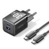 Vention 30W + 30W GaN Fast Charger EU Plug– USB-C and USB-A Ports with 1M USB-C Cable-Black
