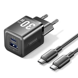 Vention 30W + 30W GaN Fast Charger EU Plug– USB-C and USB-A Ports with 1M USB-C Cable-Black