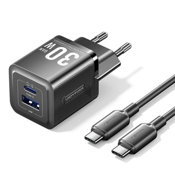 Vention 30W + 30W GaN Fast Charger EU Plug– USB-C and USB-A Ports with 1M USB-C Cable-Black