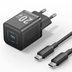 Vention 20W USB-C GaN Charger with 1M USB-C to USB-C Cable – EU Plug, Single Port Black
