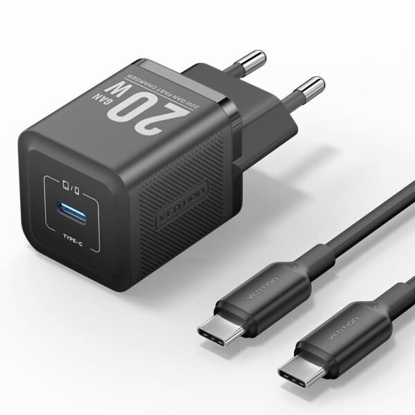 Vention 20W USB-C GaN Charger with 1M USB-C to USB-C Cable – EU Plug, Single Port Black
