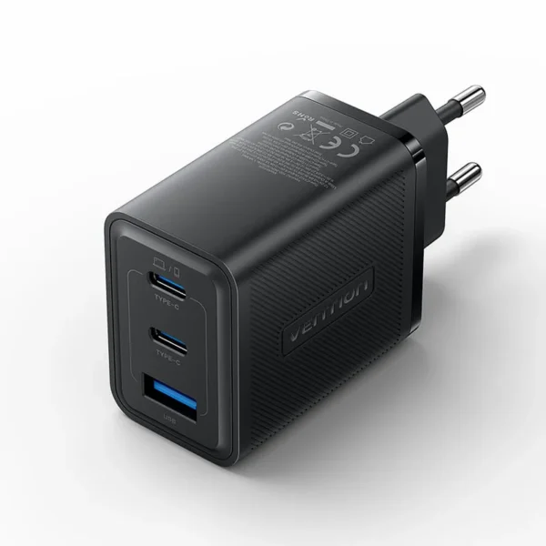 Vention 65W GaN Charger with 3 Ports (2x USB-C, 1x USB-A), EU Plug-Black