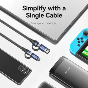 Vention 1.5M 4-in-1 Cotton Braided USB 2.0 Cable – Type-A & USB-C to USB-C + Micro-B, 5A Fast Charging, Blue Aluminum Alloy