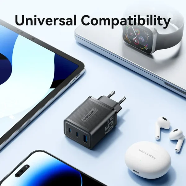 Vention 65W GaN Charger with 3 Ports (2x USB-C, 1x USB-A), EU Plug-Black - Image 9
