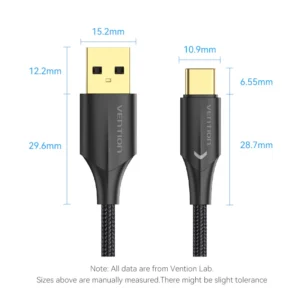Vention 1M USB 2.0 A to Type-C Cable, Nylon Braided, 3A Fast Charging with LED Indicator-Black