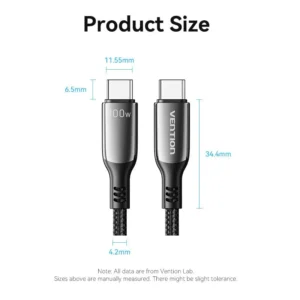 Vention 2M USB-C to USB-C Cable, 5A Fast Charging, Cotton-Braided with Zinc Alloy Connectors – USB 2.0 Black