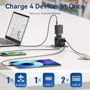 Vention Universal Travel Adapter – 3-Port USB (1x USB-C + 2x USB-A) with 20W/18W/18W Output, Black