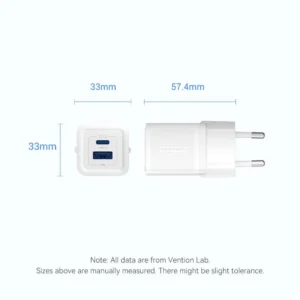 Vention 30W GaN Fast Charger–2-Port USB-C + USB-A, EU Plug, White