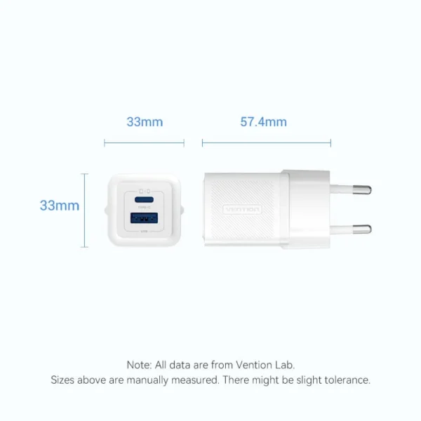 Vention 30W GaN Fast Charger–2-Port USB-C + USB-A, EU Plug, White - Image 11