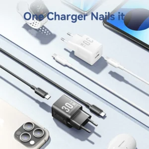 Vention 30W + 30W GaN Fast Charger EU Plug– USB-C and USB-A Ports with 1M USB-C Cable-White