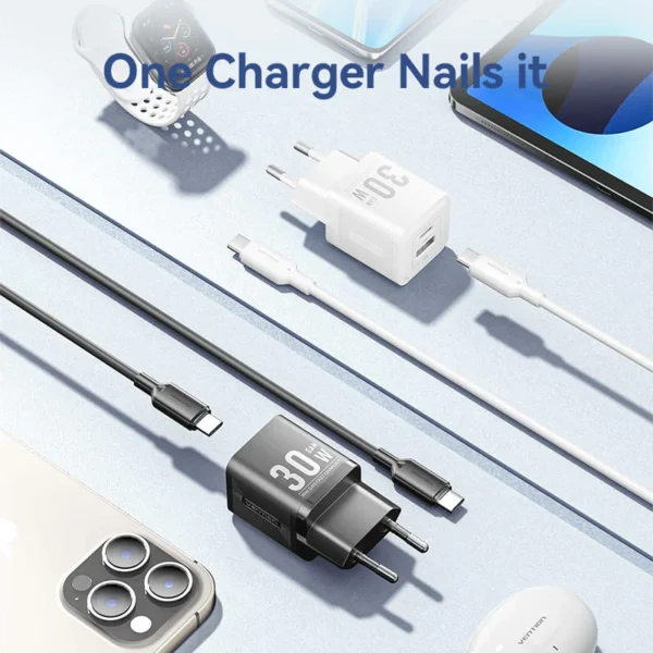 Vention 30W + 30W GaN Fast Charger EU Plug– USB-C and USB-A Ports with 1M USB-C Cable-White - Image 10