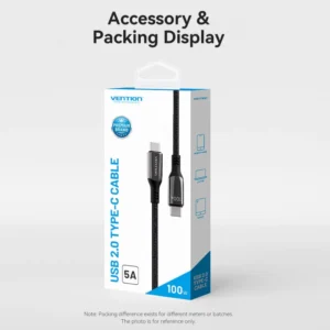 Vention 2M USB-C to USB-C Cable, 5A Fast Charging, Cotton-Braided with Zinc Alloy Connectors – USB 2.0 Black