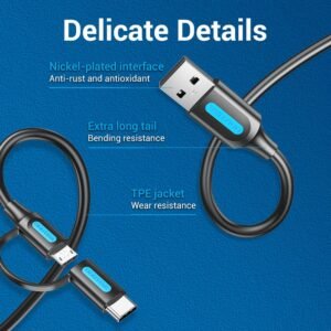 Vention 1.5M Dual-Head Charging Cable – USB-A to USB-C & Micro USB, 3A Fast Charging, Sleek Black