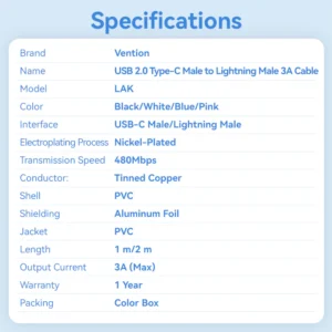 Vention 1M 3A USB 2.0 Type-C to Lightning Charging Cable with Durable PVC Build-White