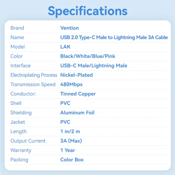 Vention 1M 3A USB 2.0 Type-C to Lightning Charging Cable with Durable PVC Build-White - Image 12