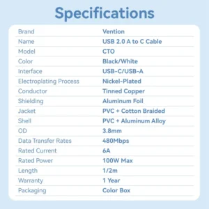 Vention 2M 6A USB 2.0 A Male to USB-C Male Cable – Aluminum Alloy Casing-White