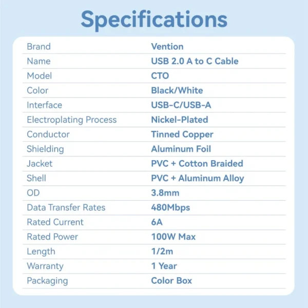 Vention 2M 6A USB 2.0 A Male to USB-C Male Cable – Aluminum Alloy Casing-White - Image 13