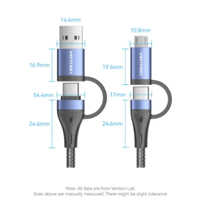 Vention 1.5M 4-in-1 Cotton Braided USB 2.0 Cable – Type-A & USB-C to USB-C + Micro-B, 5A Fast Charging, Blue Aluminum Alloy
