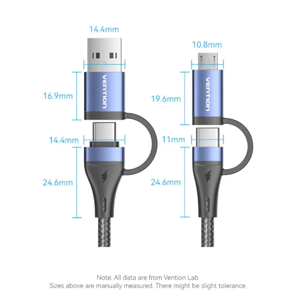 Vention 1.5M 4-in-1 Cotton Braided USB 2.0 Cable – Type-A & USB-C to USB-C + Micro-B, 5A Fast Charging, Blue Aluminum Alloy - Image 12