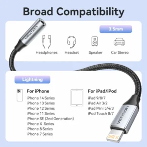 Vention Cotton-Braided Lightning to 3.5mm Audio Jack Adapter – Aluminum Alloy Connector-Gray