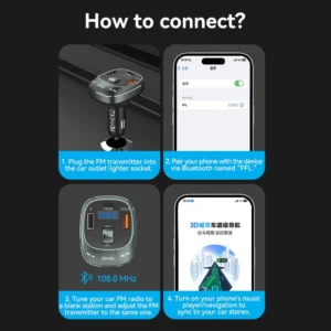 Vention 3-Port Car Charger with FM Transmitter – USB-C & Dual USB-A (30W/18W/5W), Black