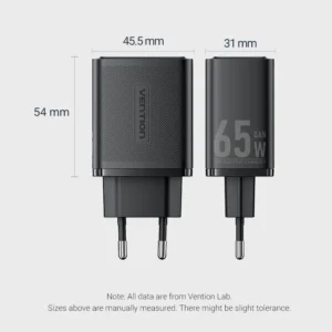 Vention 65W GaN Charger with 3 Ports (2x USB-C, 1x USB-A), EU Plug-Black
