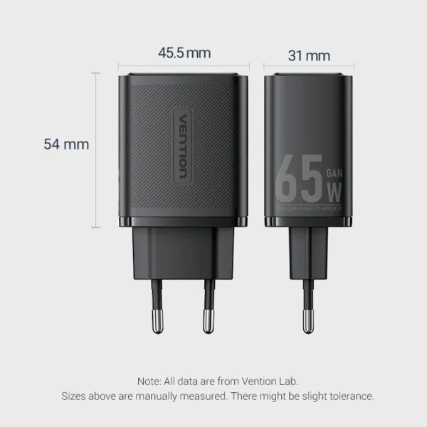 Vention 65W GaN Charger with 3 Ports (2x USB-C, 1x USB-A), EU Plug-Black - Image 11