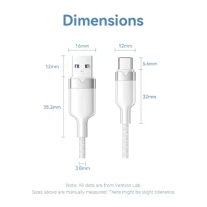 Vention 2M 6A USB 2.0 A Male to USB-C Male Cable – Aluminum Alloy Casing-White