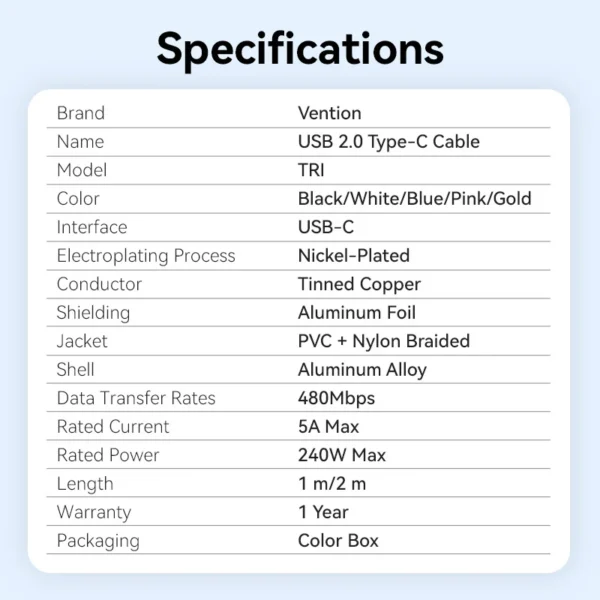 Vention 1M 5A USB 2.0 Type-C to Type-C Cable with Aluminum Alloy Connectors – High-Speed Charging-White - Image 12